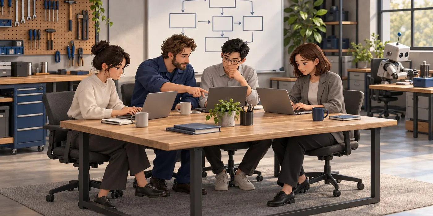 Illustration: four people with laptops at a shared wooden table in a workshop-like office; one of them, in navy work clothes, points at a colleague's screen. A box-and-arrow sketch on the whiteboard behind them, and a small boxy robot at a side desk in the corner.